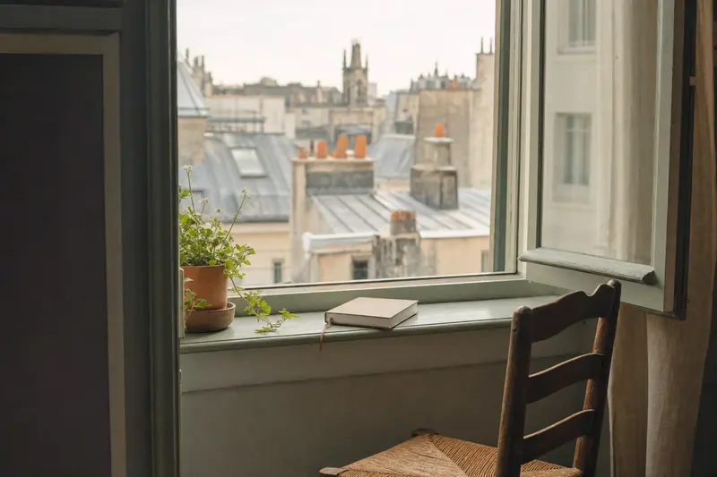 Chaise en bois devant une fenêtre ouverte sur des toits de ville, un carnet posé sur le rebord