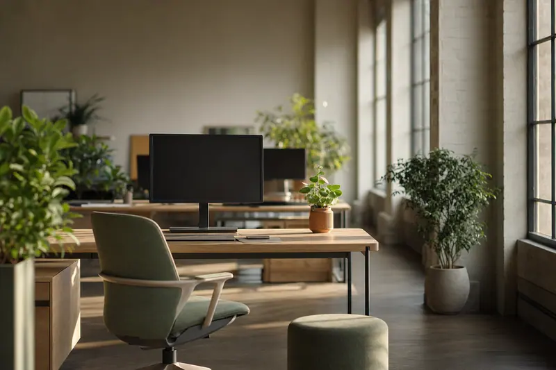 Plateau de bureaux vide et ordonné au petit matin, écrans éteints, quelques plantes, lumière rasante