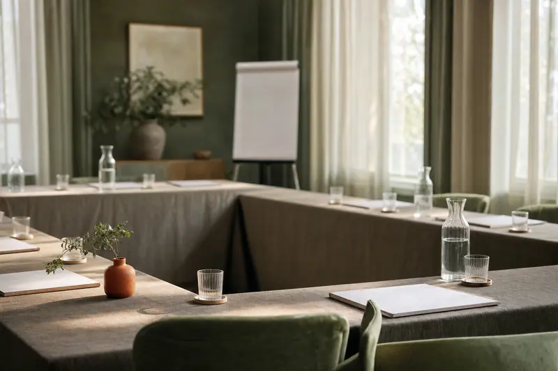 Salle de formation disposée en U, blocs-notes sur les tables, un paperboard vierge et de grandes fenêtres