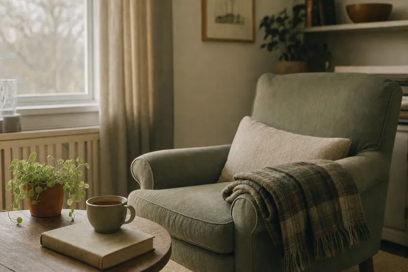 Fauteuil confortable près d'une fenêtre, un plaid plié, une tasse et une plante dans la lumière du matin